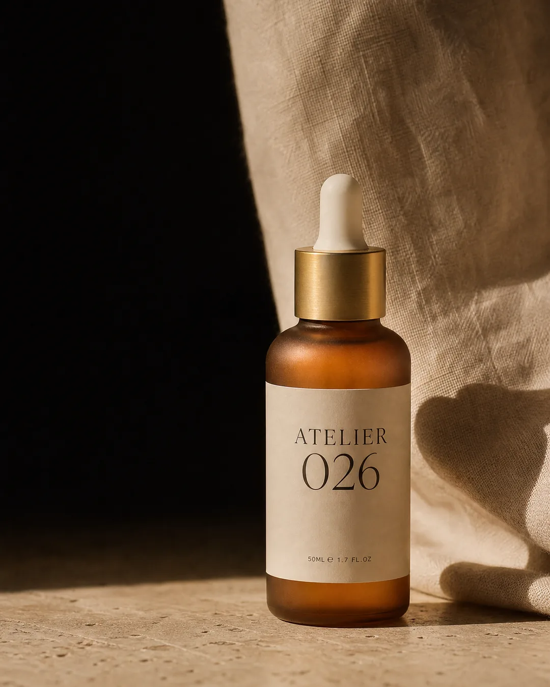 ATELIER 026 serum bottle, editorial hero shot