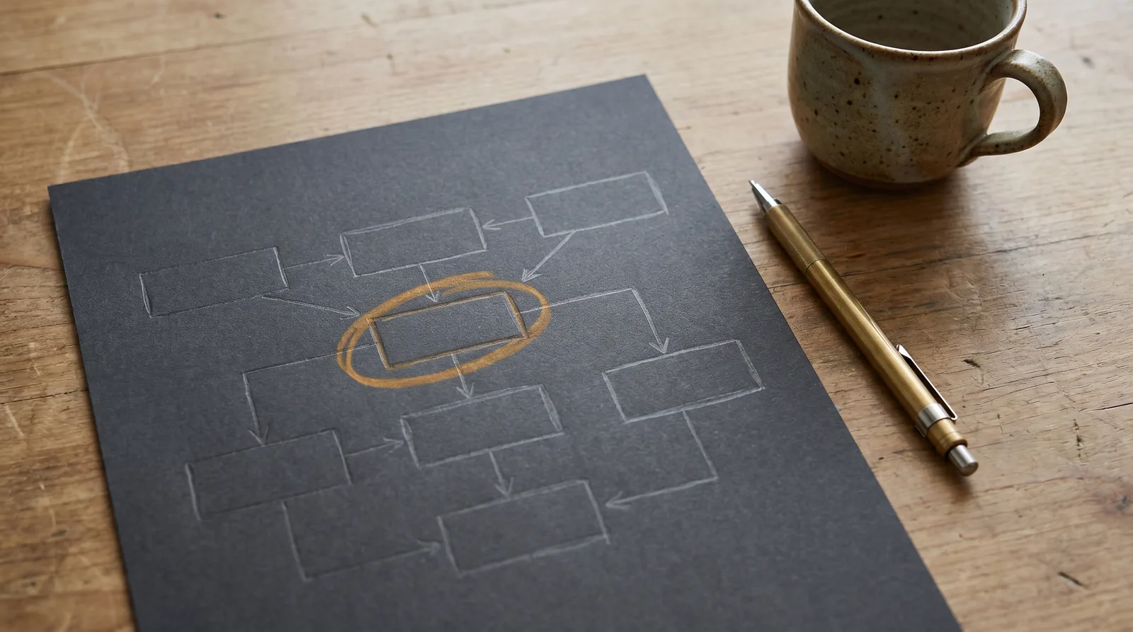 Handgezeichnetes Workflow-Diagramm auf anthrazitfarbenem Papier, ein Knoten warm-amber hervorgehoben.