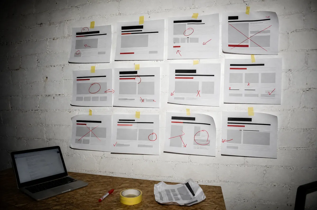 Ausgedruckte Seitenlayouts mit roten Korrekturen an einer Wand, darunter ein Laptop