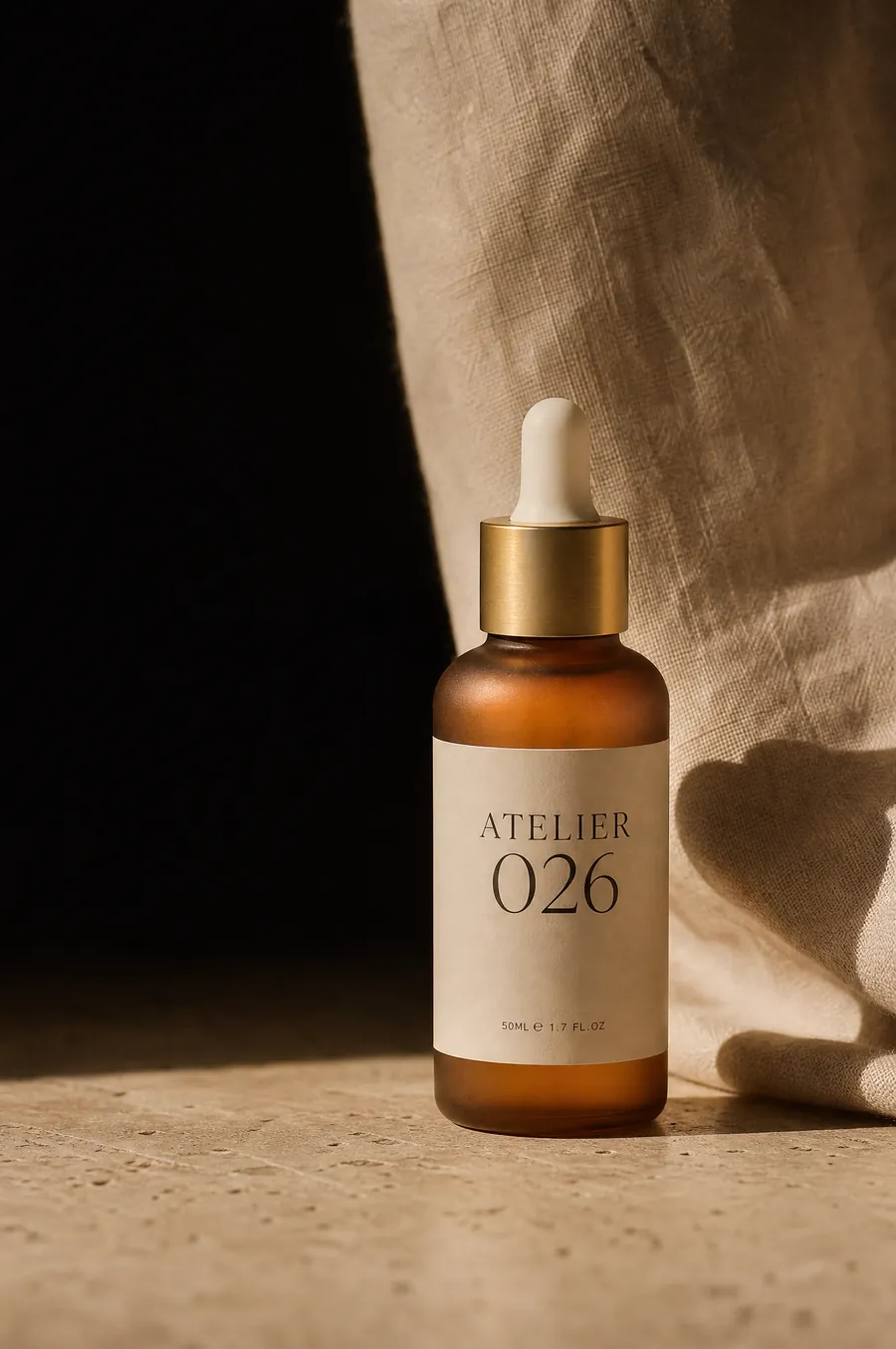 Serumflasche Atelier 026 auf Stein im warmen Licht