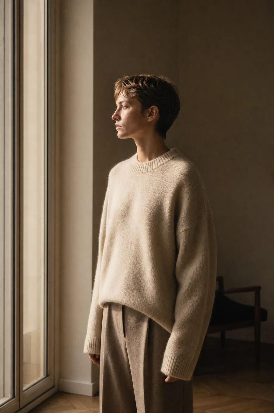 Editorial-Motiv für HOLM: Person im Strickpullover am Fenster