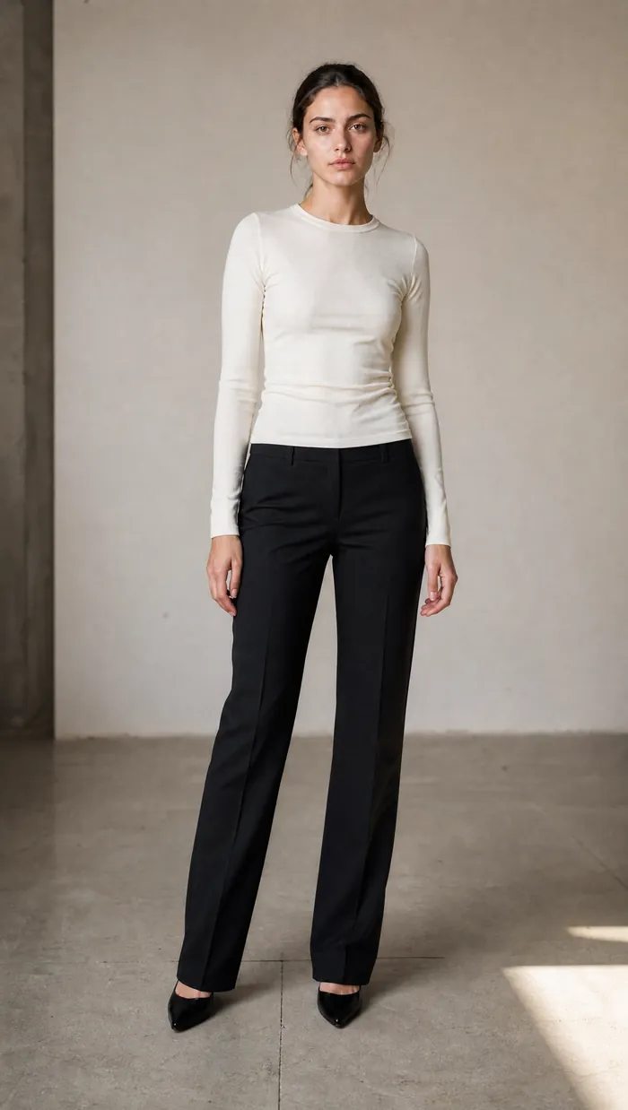 Dasselbe Model in weißem Oberteil und schwarzer Hose
