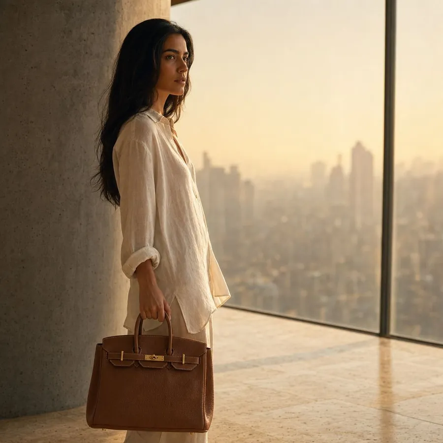 Model mit Handtasche am Fenster über der Stadt