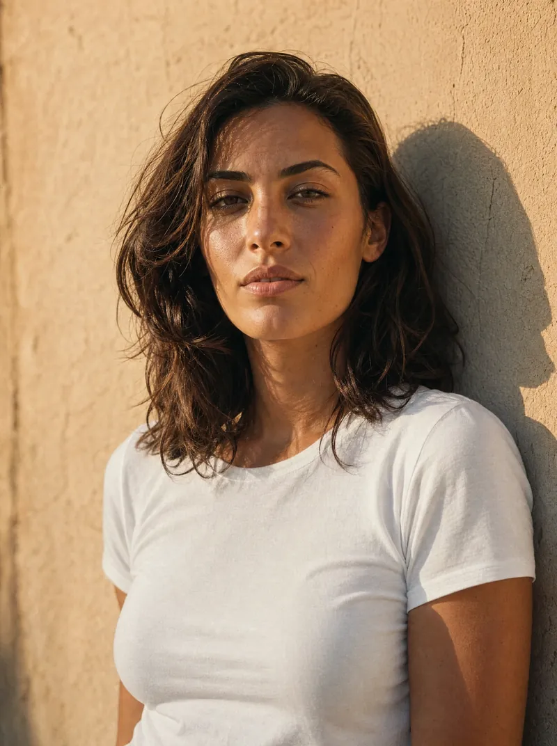 Referenzbild des Models in weißem T-Shirt