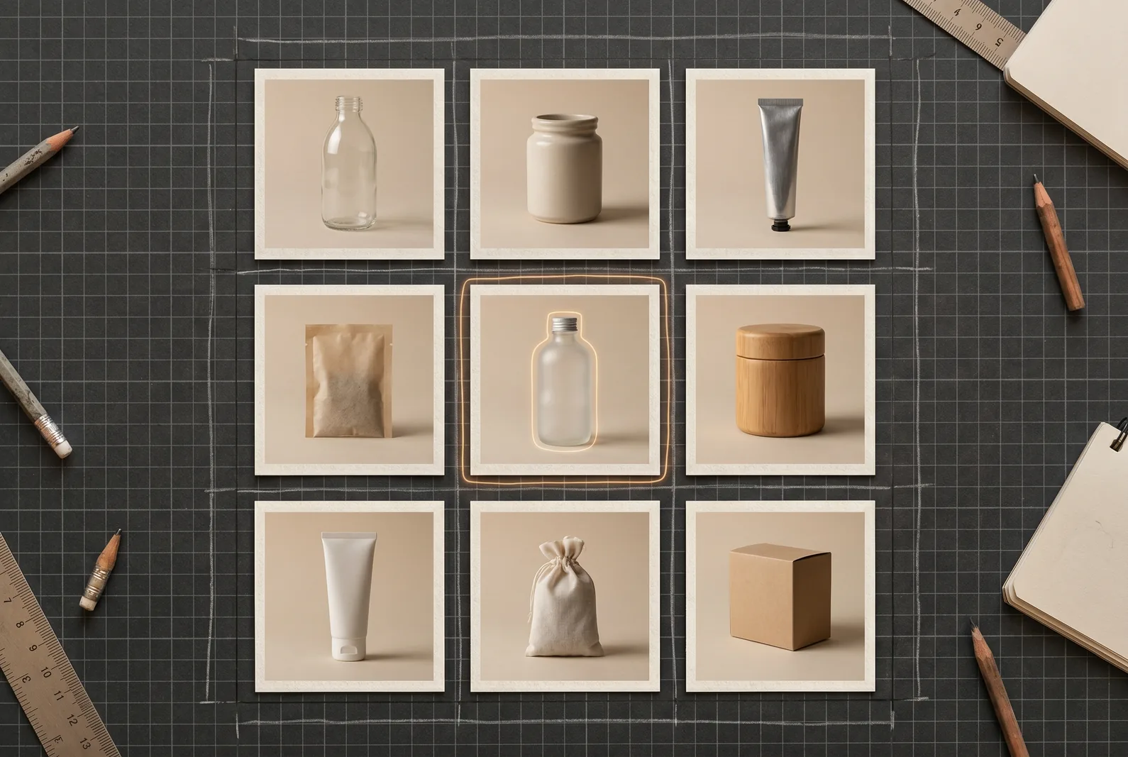 Aufsicht eines 3x3-Rasters unbeschrifteter Produktkacheln auf anthrazitfarbenem Rasterpapier, eine Kachel warm-amber hervorgehoben.