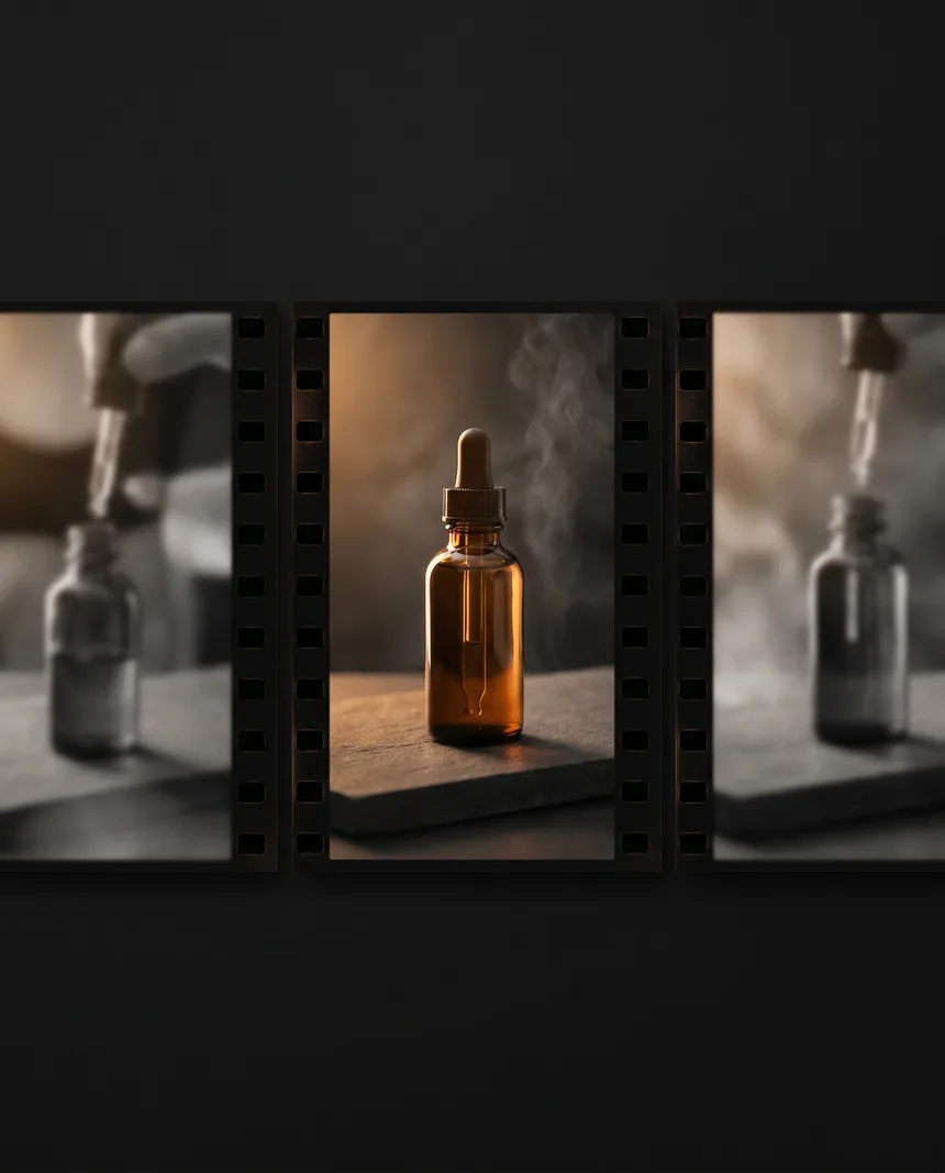 Drei vertikale 9:16-Videostills nebeneinander, mittleres Still scharf mit warm-amber Produkt-Reveal.